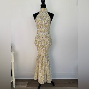 Derby Girl Floral Halter Smocked Mermaid Maxi Dress - Cream Yellow Pink